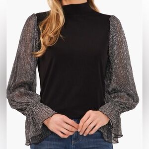 Cece Metallic Sleeve Stretch Crepe Top